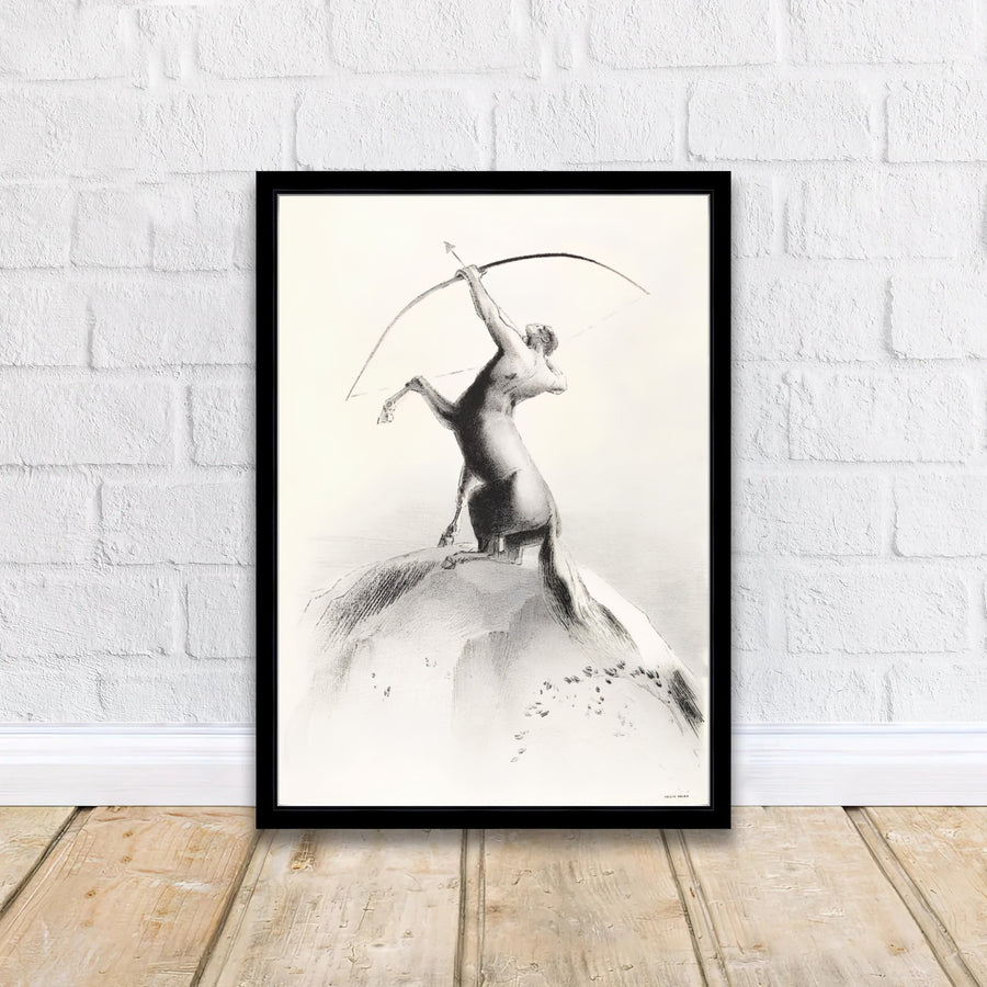 Detailed graphic artwork showing the centaur archer on a hilltop in Odilon Redon’s 1895 masterpiece Centaur Aiming At The Clouds. Display preferences at MapYourDreams include durable unframed art paper, custom metallic or wooden frames, and stretched canvas finishes.