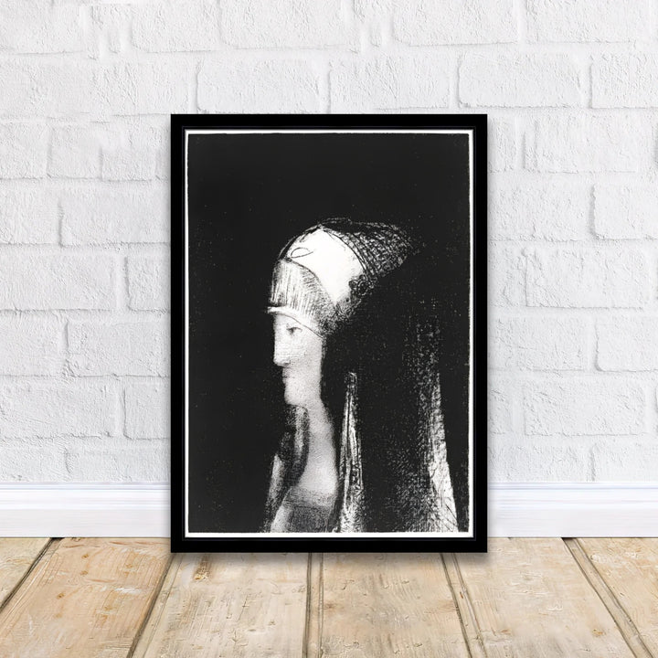 Intense chiaroscuro monochrome print of Druidesse by Odilon Redon, highlighting vintage 19th-century graphic art mastery. MapYourDreams makes this available on archival stock with options including loose art paper, premium framed mouldings, and stretched canvas setups.