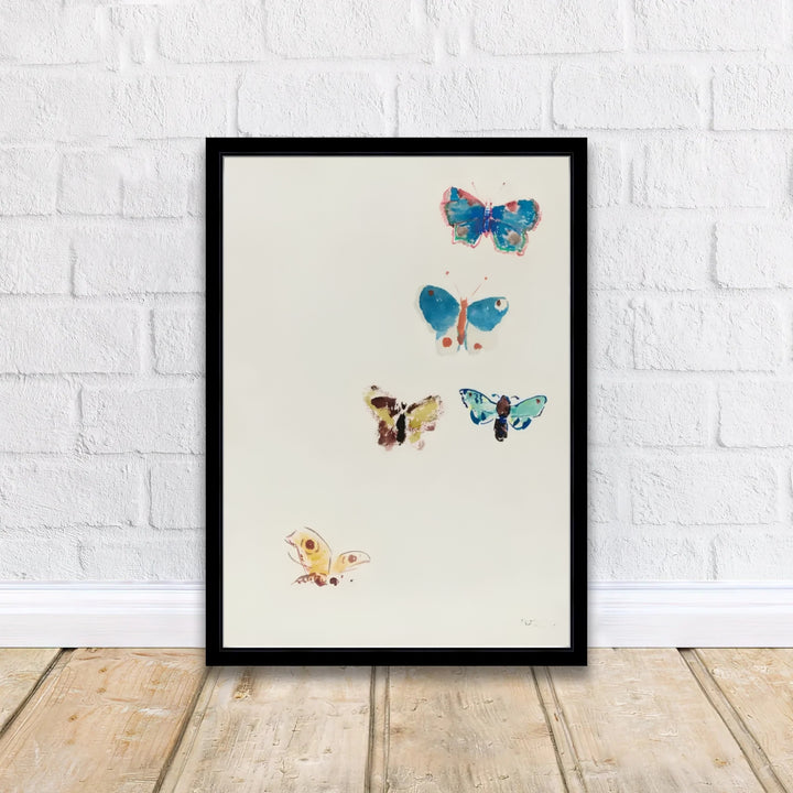Poetic watercolor painting featuring floating insects in Five Butterflies by Odilon Redon, highlighting 20th-century French fine art. MapYourDreams makes this available on archival stock with options including loose art paper, premium framed mouldings, and stretched canvas setups.