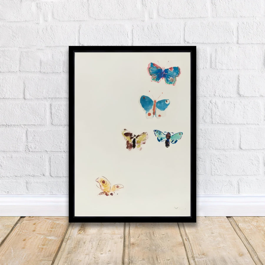Poetic watercolor painting featuring floating insects in Five Butterflies by Odilon Redon, highlighting 20th-century French fine art. MapYourDreams makes this available on archival stock with options including loose art paper, premium framed mouldings, and stretched canvas setups.