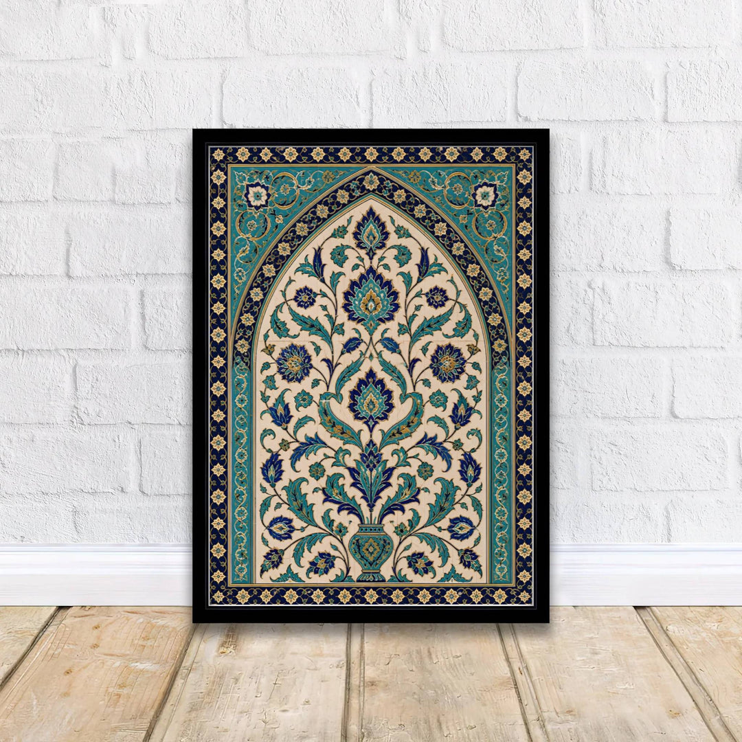 Classical Ottoman ceramic architecture poster featuring Istanbul Iznik tile design with intricate botanical vase motifs. Supplied by MapYourDreams, this artwork is available in flexible options including unframed paper, custom wooden frames, and gallery canvas wraps for stylish decor.