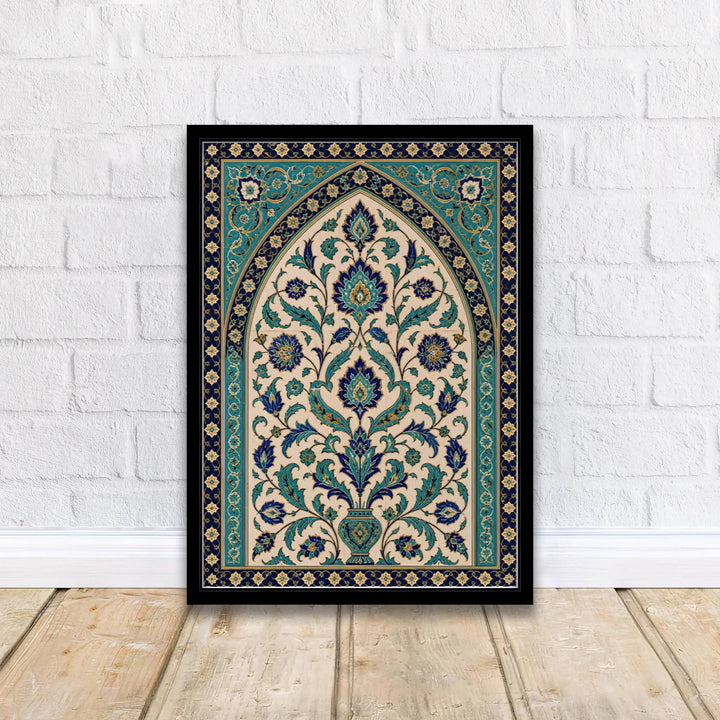 Classical Ottoman ceramic architecture poster featuring Istanbul Iznik tile design with intricate botanical vase motifs. Supplied by MapYourDreams, this artwork is available in flexible options including unframed paper, custom wooden frames, and gallery canvas wraps for stylish decor.