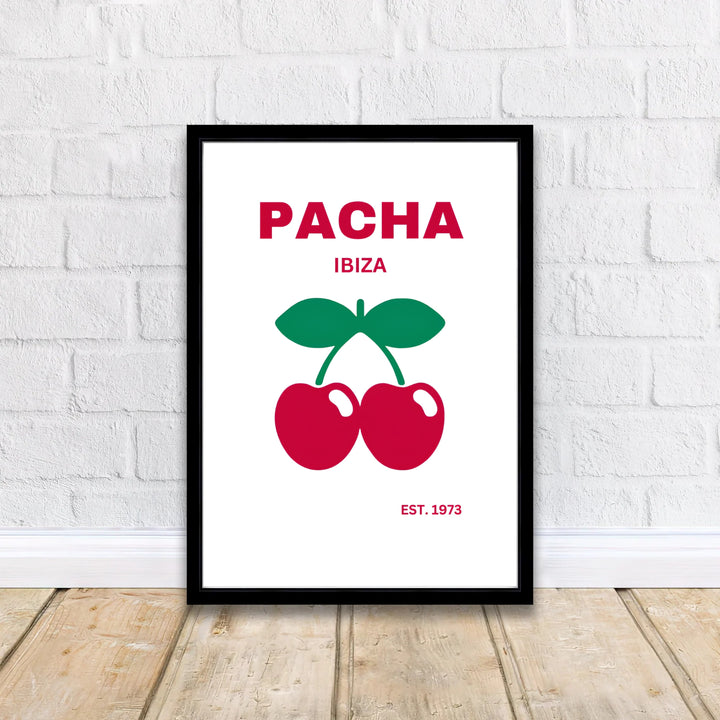 Modern graphic art print featuring twin red cherries representing house music heritage at Pacha in Ibiza, Spain, available from MapYourDreams as an unframed paper print, stretched canvas, or custom framed art piece tailored for entertainment spaces.