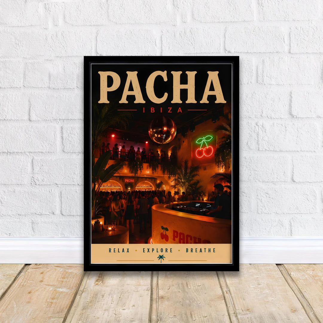 Mediterranean house music culture wall art displaying interior architectural details and disco ball at Pacha in Ibiza, Spain, available from MapYourDreams as an unframed paper print, stretched canvas, or custom framed art piece tailored for vibrant mood-lit spaces.