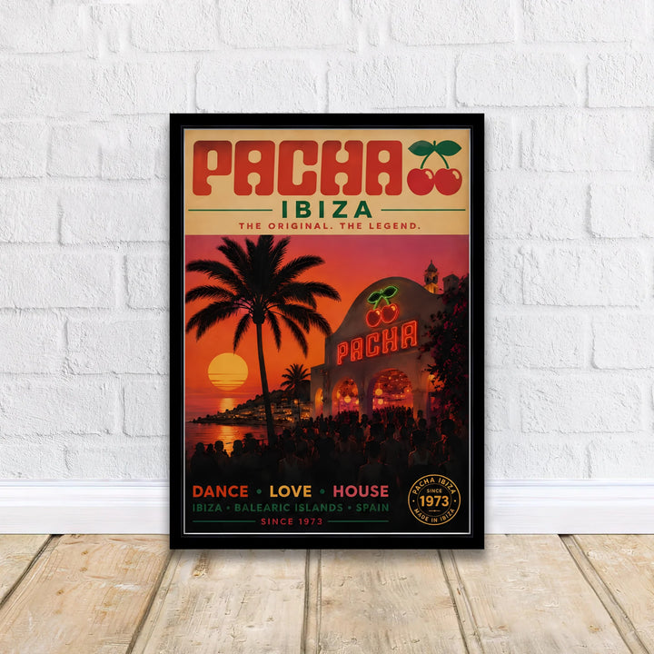 Spain nightlife wall decor print showing sunset glow over Pacha Ibiza club entrance surrounded by palm trees and partygoers, produced by MapYourDreams as an unframed poster, stretched canvas art print, or custom framed print finish in natural wood or pure gold.