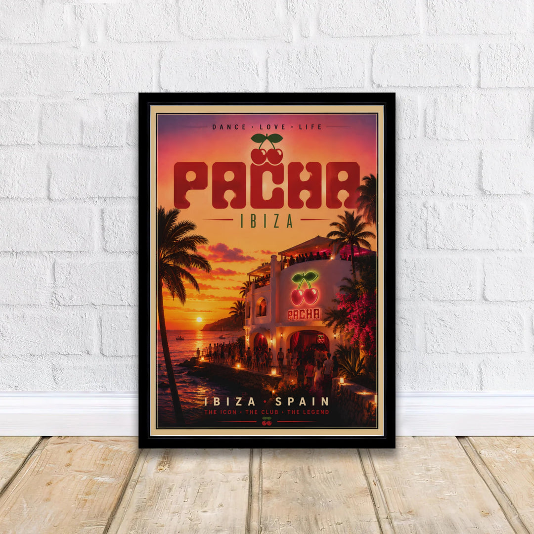 Retro tropical sunset art print celebrating Pacha Ibiza in Spain with 1970s typography and coastal architecture along the water, offered by MapYourDreams as an unframed art print, stretched gallery canvas, or custom framed wall art decor for entertainment rooms.