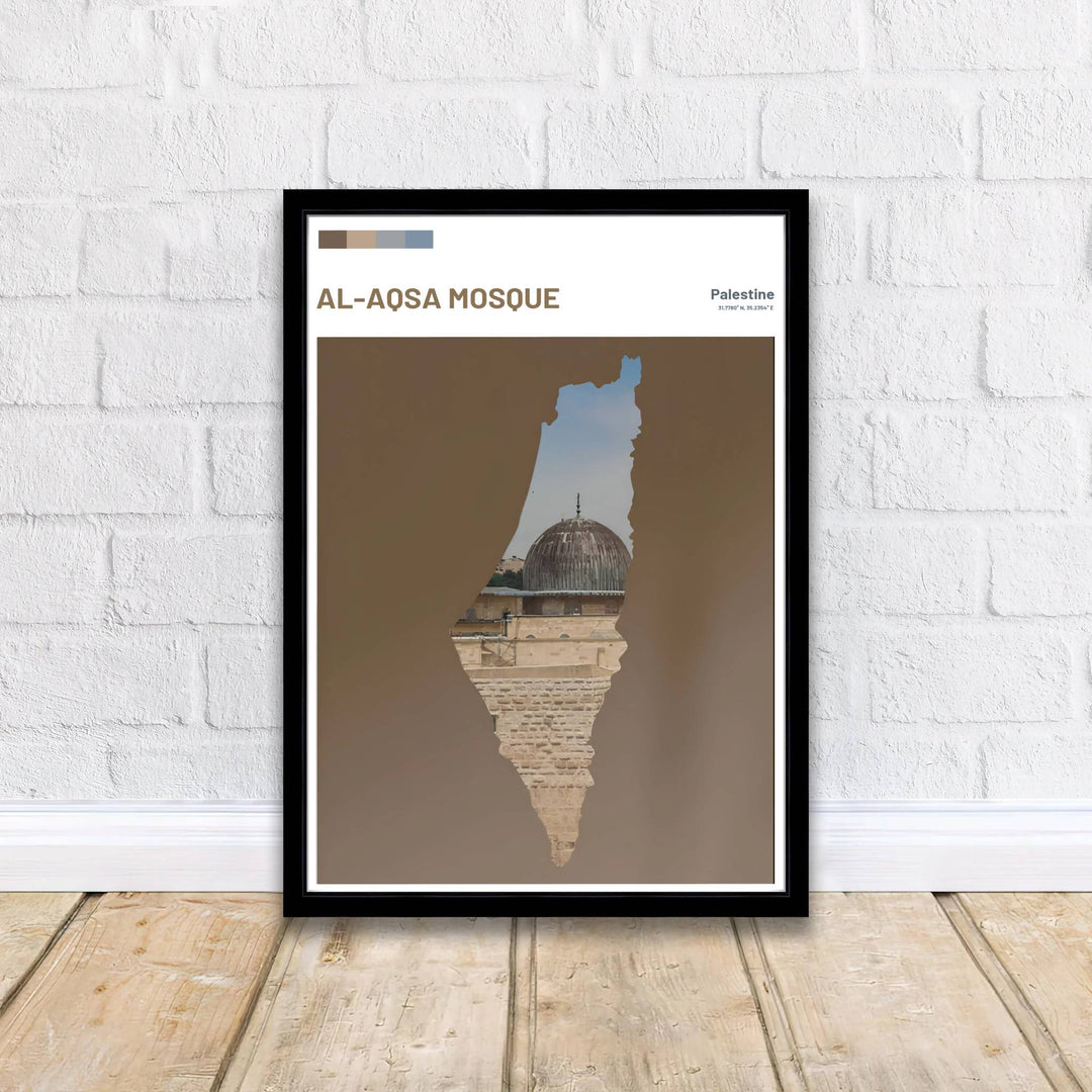 Classical minimalist symbol poster featuring Palestine map cutout and Jerusalem Al Aqsa Mosque with latitude and longitude coordinate text. Supplied by MapYourDreams, this artwork is available in flexible options including unframed paper, custom wooden frames, and gallery canvas wraps for stylish decor.