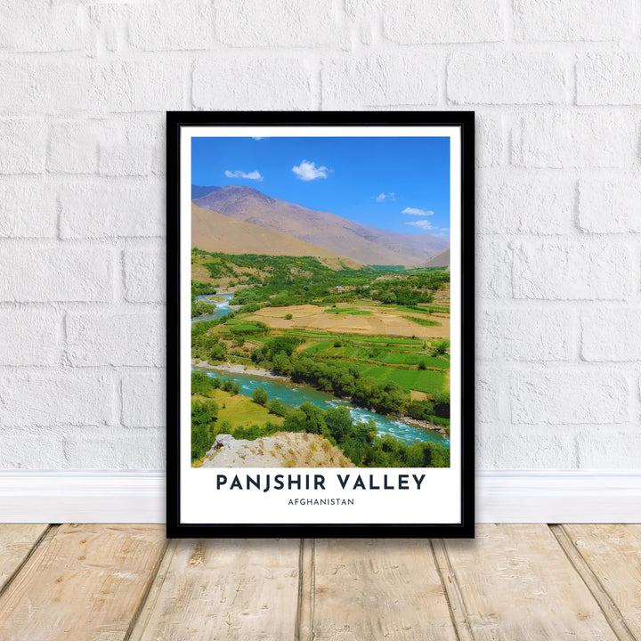 Vivid river valley art print highlighting the agricultural fields and towering mountain terrain of Panjshir Valley, Afghanistan. Available from MapYourDreams as an unframed fine art poster, a stretched gallery canvas, or a custom framed decor piece in classic black and natural wood frame styles.