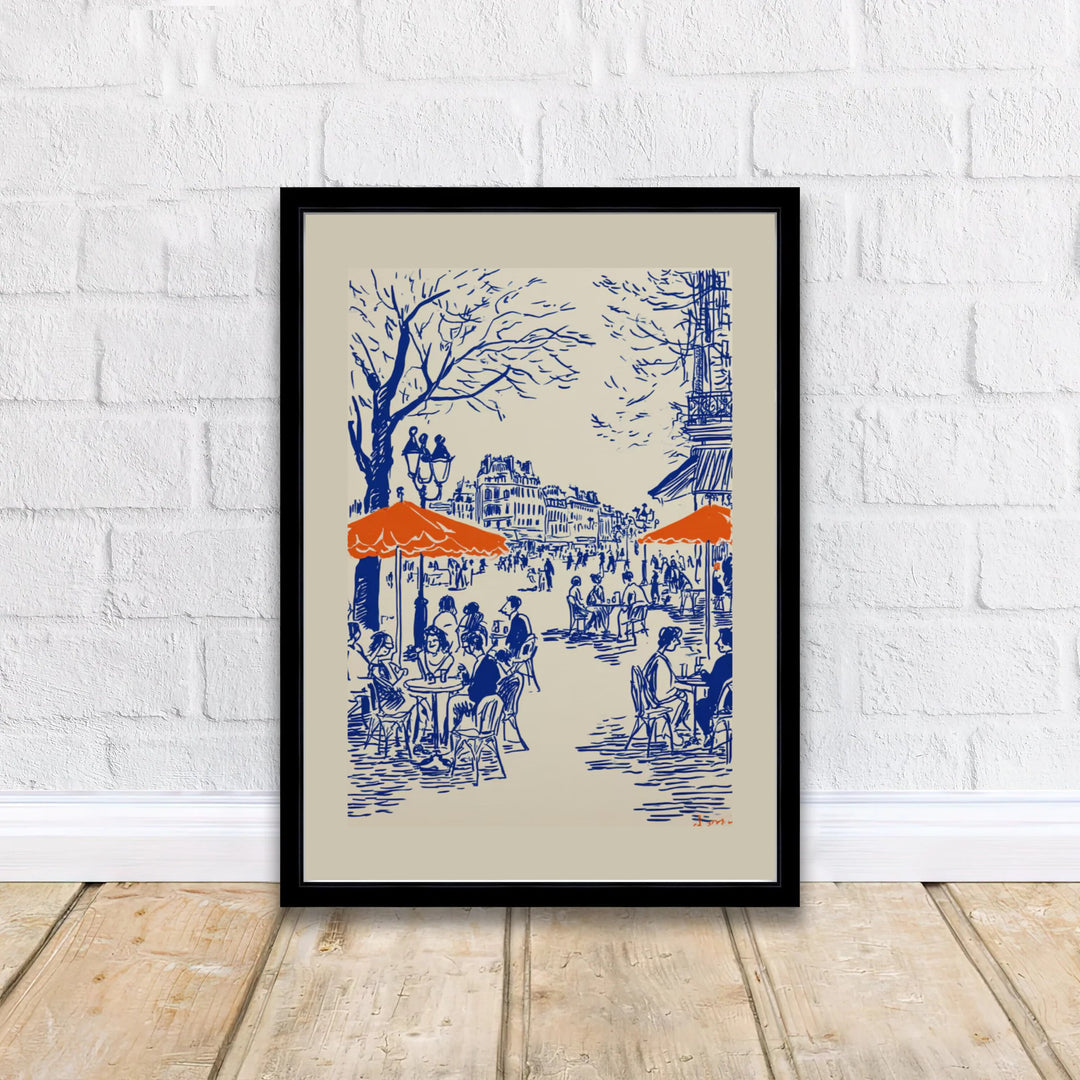 Chic French bistro line art print displaying people drinking coffee under vibrant orange umbrellas in Paris France. Discover custom framed, unframed, and canvas print decor options at MapYourDreams.