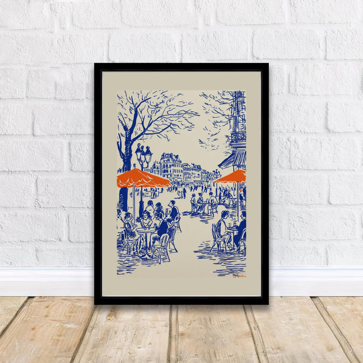 Chic French bistro line art print displaying people drinking coffee under vibrant orange umbrellas in Paris France. Discover custom framed, unframed, and canvas print decor options at MapYourDreams.