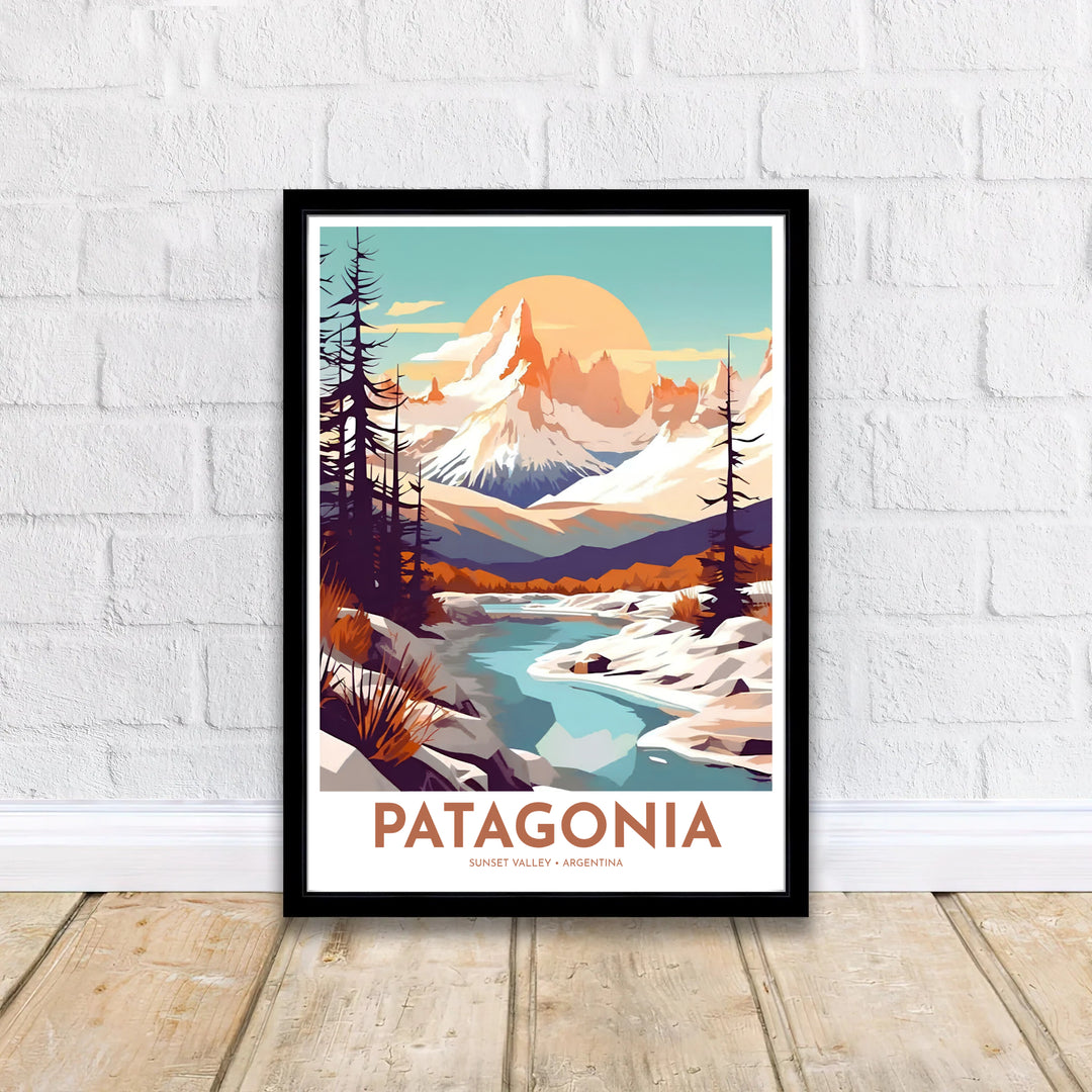 Bathed in golden evening sunlight, this Patagonia Mountain print showcases majestic alpine ranges and icy river waters in a mid-century retro style, expertly produced by MapYourDreams in paper, solid wood frames, and gallery-wrapped canvas.