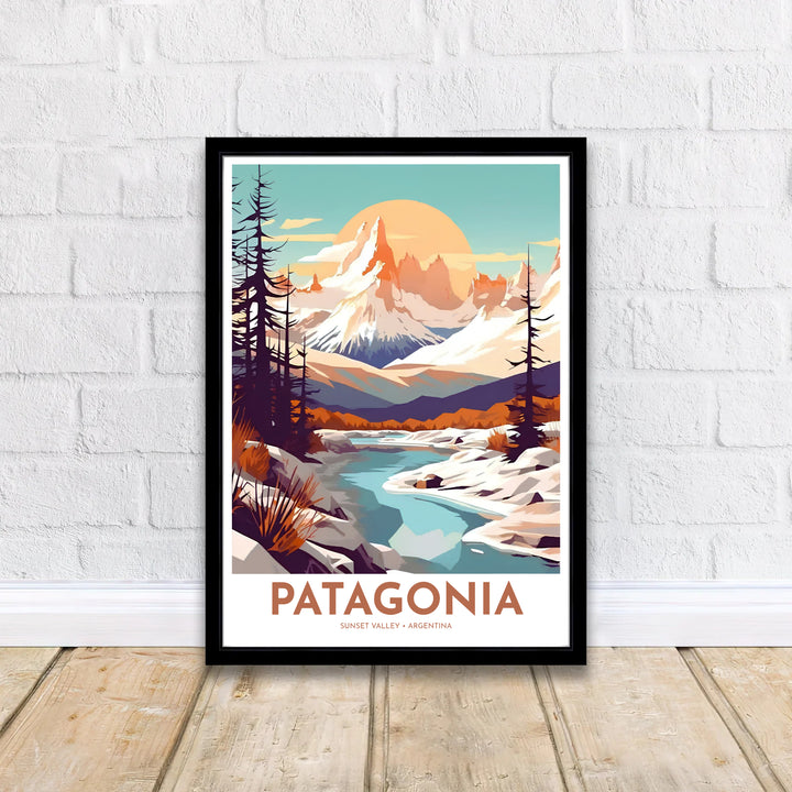 Bathed in golden evening sunlight, this Patagonia Mountain print showcases majestic alpine ranges and icy river waters in a mid-century retro style, expertly produced by MapYourDreams in paper, solid wood frames, and gallery-wrapped canvas.