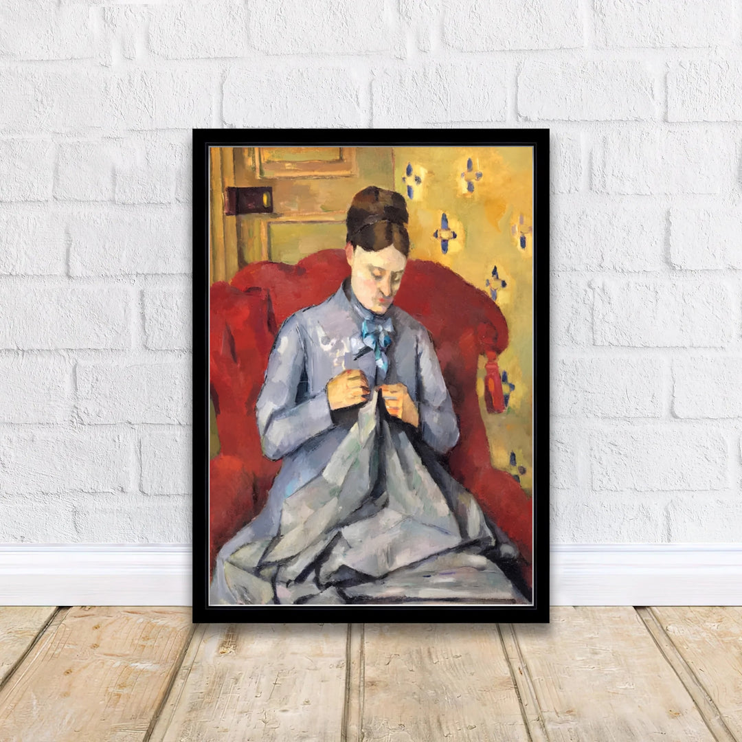 Vintage French interior art print of Paul Cezanne Madame Cezanne Sewing 1877 capturing a seated woman in Paris France. Discover custom framed prints, unframed poster options, and stretched canvas wall decor at MapYourDreams for your residential hallway interior display.
