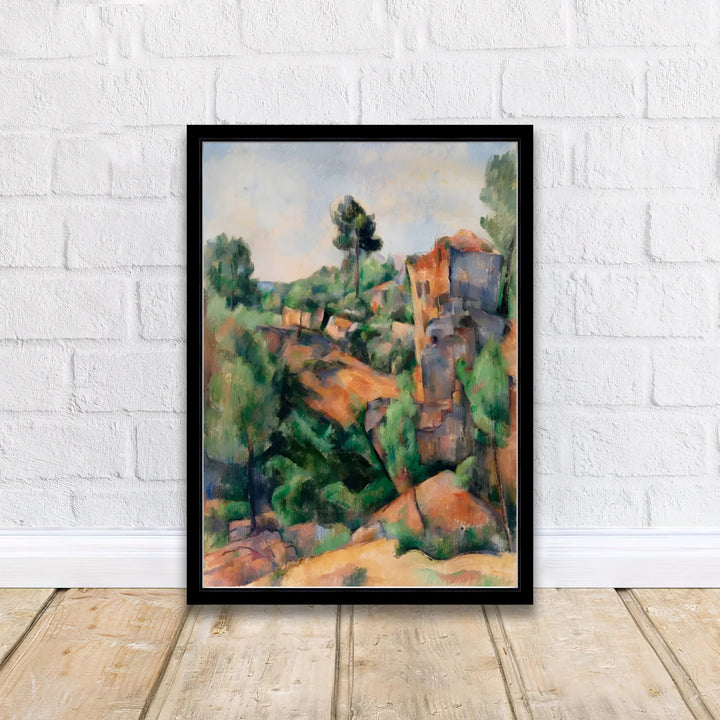 Vintage French scenery art print of Paul Cezanne Bibemus Quarry 1895 capturing a red ochre cliff face in Aix-en-Provence France. Discover custom framed prints, unframed poster options, and stretched canvas wall decor at MapYourDreams for your residential hallway interior display.