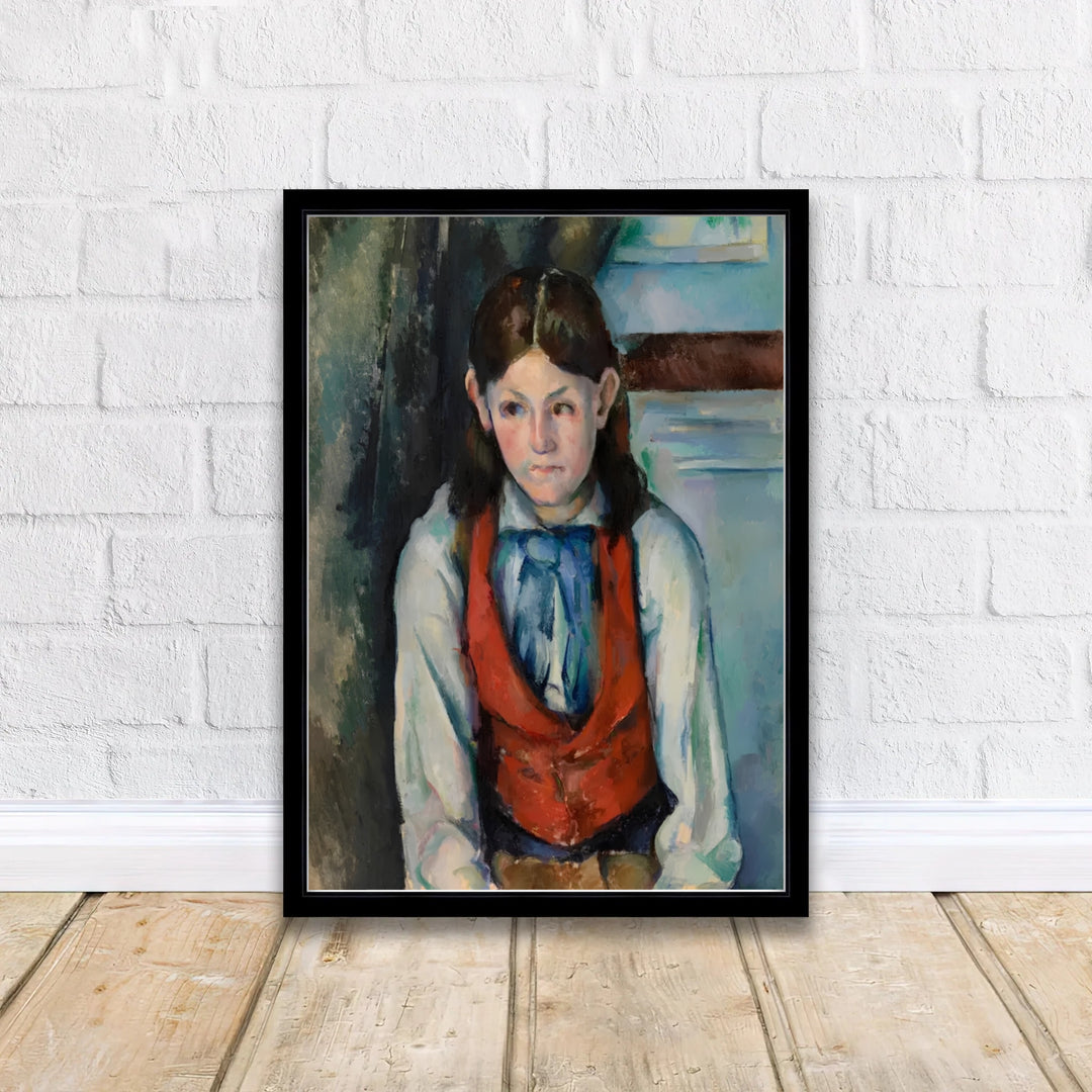 Vintage French interior portrait art print of Paul Cezanne Boy In A Red Vest 1888 capturing a seated youth in Paris France. Discover custom framed prints, unframed poster options, and stretched canvas wall decor at MapYourDreams for your residential hallway interior display.