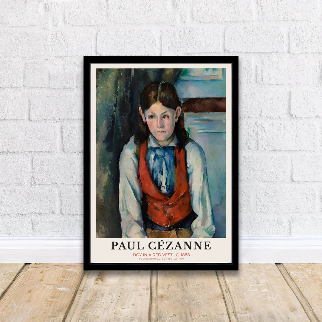 French Post-Impressionism museum poster of Paul Cezanne Boy In Red Vest 1888 illustrating a blue ascot tie in Paris France. MapYourDreams delivers archival framed wall art, unframed paper prints, and gallery canvas wall decor designed to enhance study rooms.