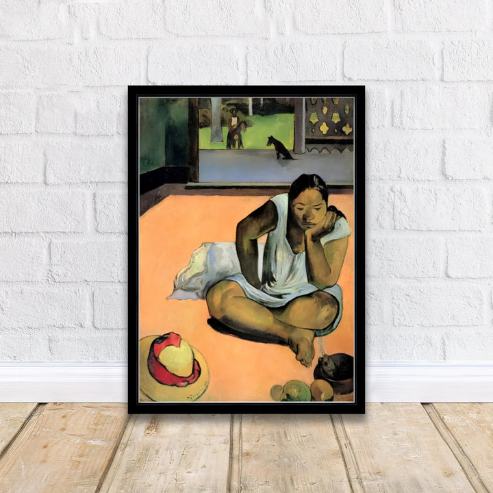 Vintage French tropical art print of Paul Gauguin Brooding Woman Te Faaturuma 1891 capturing an open doorway in Tahiti French Polynesia. Discover custom framed prints, unframed poster options, and stretched canvas wall decor at MapYourDreams for your residential hallway display.