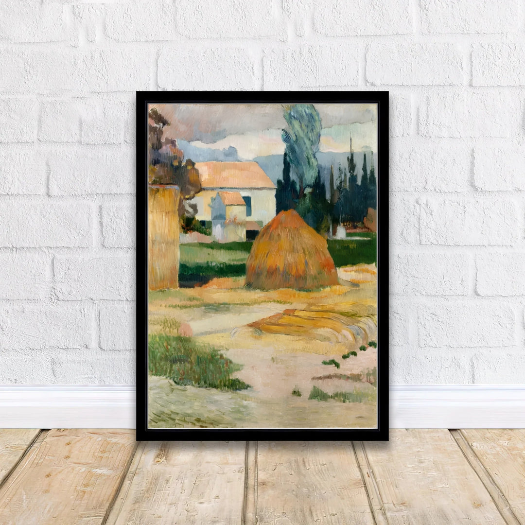 Vintage French impressionist print of Paul Gauguin Landscape Near Arles 1888 capturing autumn farm life in Arles, Provence, France. Discover custom framed prints, unframed poster options, and stretched canvas wall decor at MapYourDreams for your home office or library space.