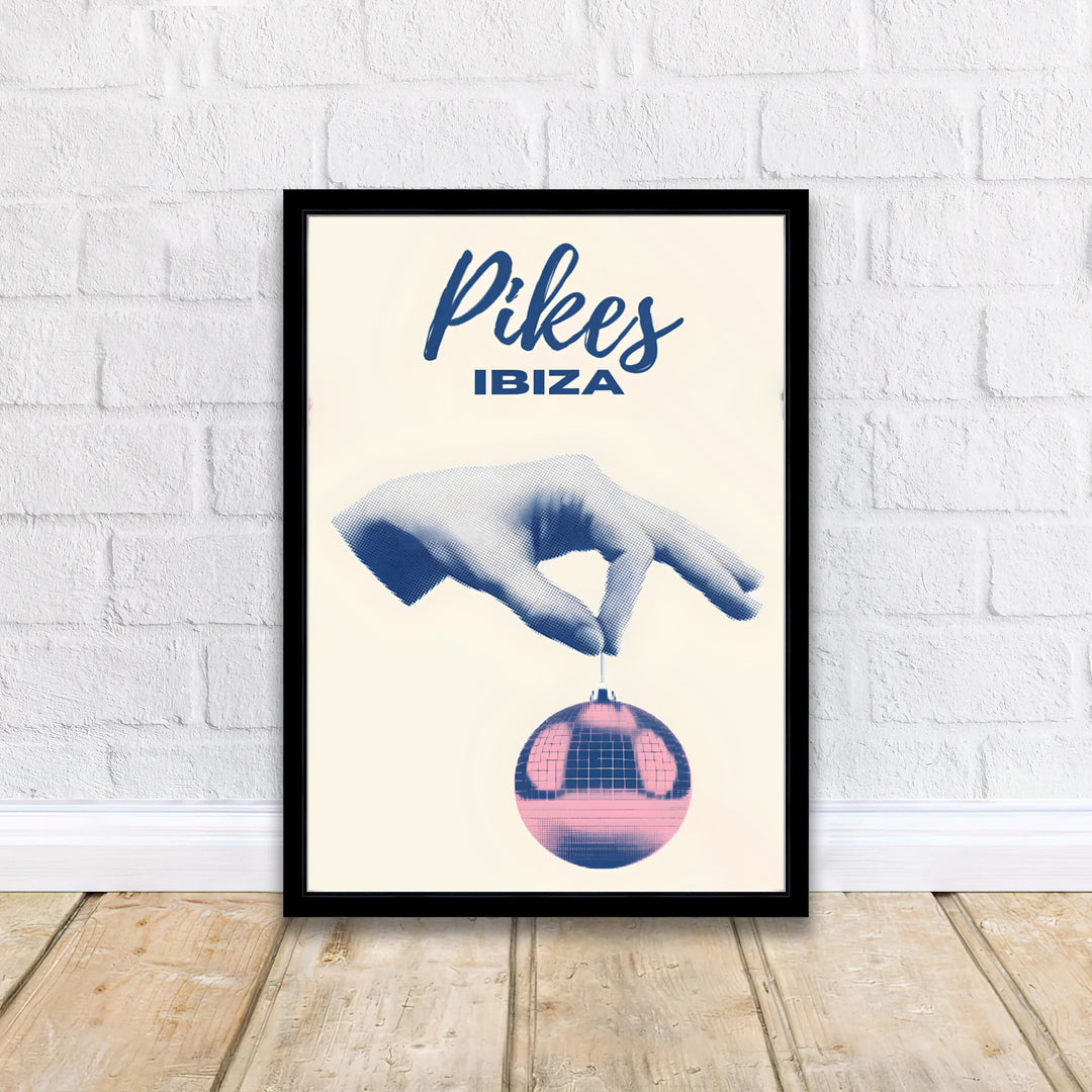 Surrealist party poster showing Pikes Ibiza venue branding with minimalist disco ball artwork, available at MapYourDreams as an unframed paper print, gallery wrapped canvas art, or custom framed wall decor in natural wood and grey frames for eclectic apartment living room walls.