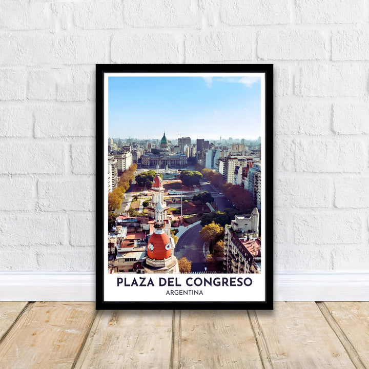 Bathed in bright daylight, this Plaza del Congreso wall decor showcases the vibrant contrast of orange roofs, green domes, and city streets, expertly produced by MapYourDreams in archival paper, custom wood frames, and gallery-wrapped canvas.