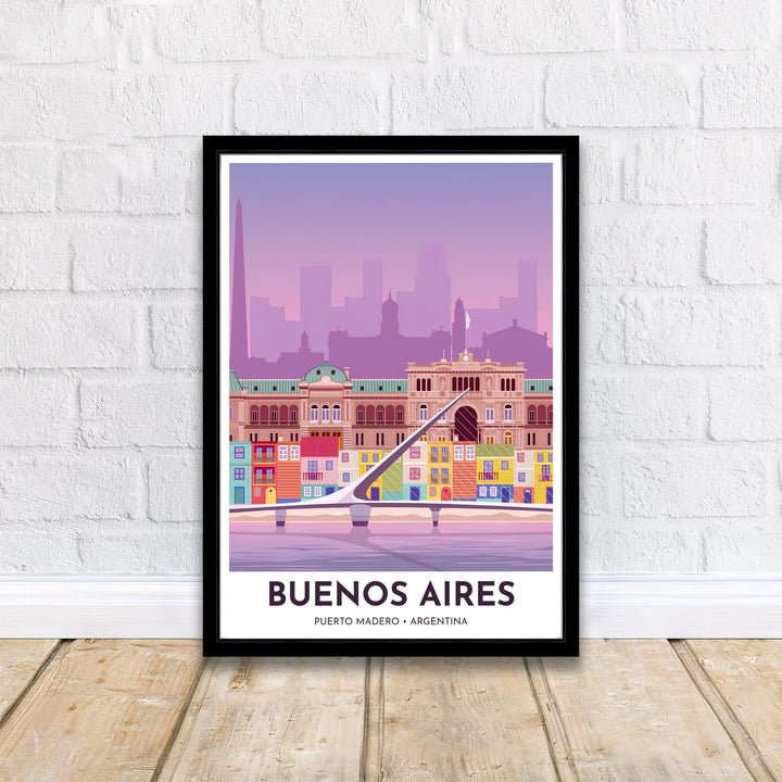 Framed by stylish modern typography reading Buenos Aires Puerto Madero Argentina, this Puerto Madero wall art celebrates world-class architectural design, created by MapYourDreams and available as an unframed paper print, custom framed picture, or canvas decor.