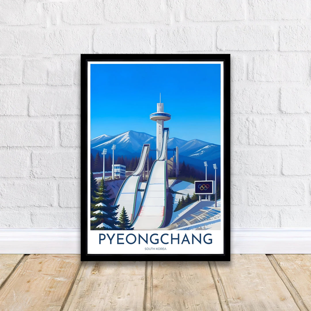 Retro-style vector print showcasing the famous Alpensia Ski Jump stadium in Pyeongchang, Gangwon Province, South Korea, with snowy mountain ranges receding into the distance. Offered by MapYourDreams, this artwork is available in flexible options including unframed paper, custom wooden frames, and gallery canvas wraps.