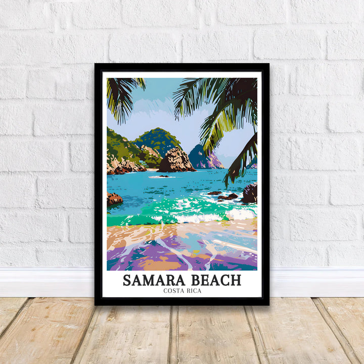 Soothing turquoise ocean colors and lavender shoreline reflections at Samara Beach star in this Costa Rica poster. MapYourDreams delivers quality framed, unframed, and canvas print options for decor.