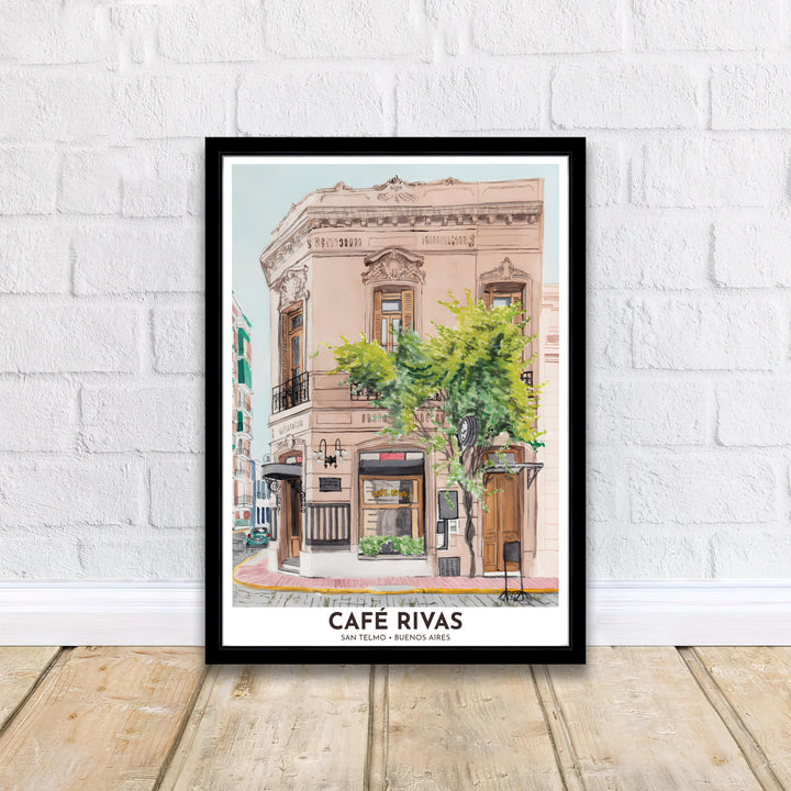 Bathed in soft daylight watercolor washes, this San Telmo Cafe Rivas wall decor showcases historic architectural details and greenery, expertly produced by MapYourDreams in archival paper, custom wood frames, and gallery-wrapped canvas.