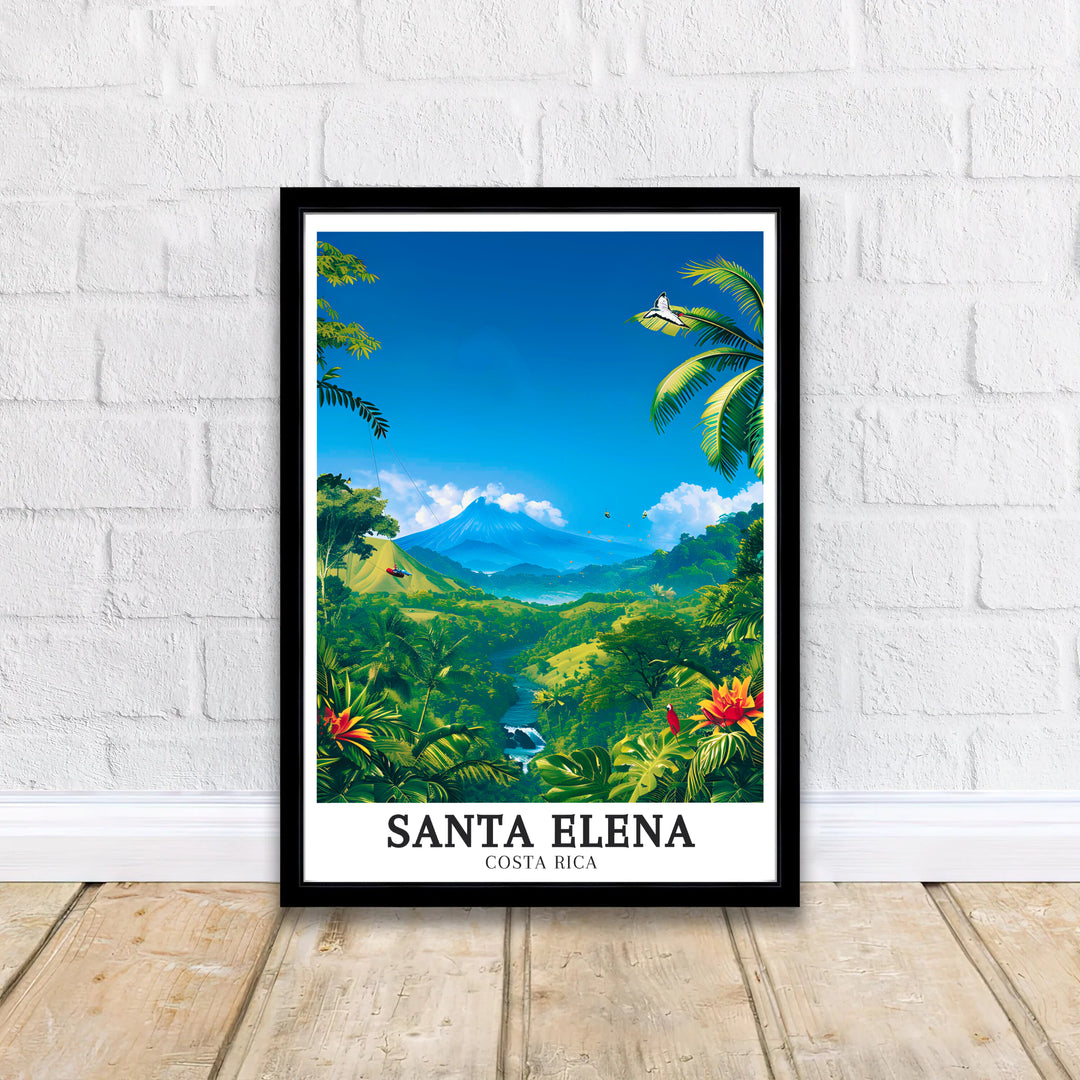 Bright blue skies and emerald jungle foliage surround the iconic shape of Arenal Volcano in Santa Elena on this poster. MapYourDreams delivers quality framed, unframed, and canvas print options for decor.