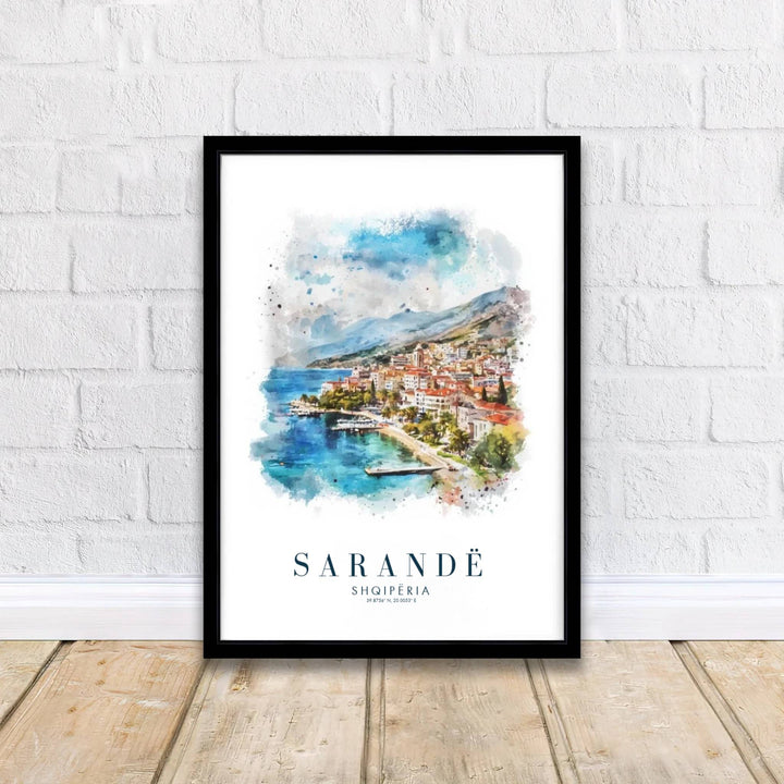 Crisp architectural details capture the resort town charm of Sarandë, balanced by fluid watercolor sky splatters and soft blue sea reflections above. Offered by MapYourDreams printed on archival matte paper with options for custom frames or canvas wraps to complete your gallery wall.