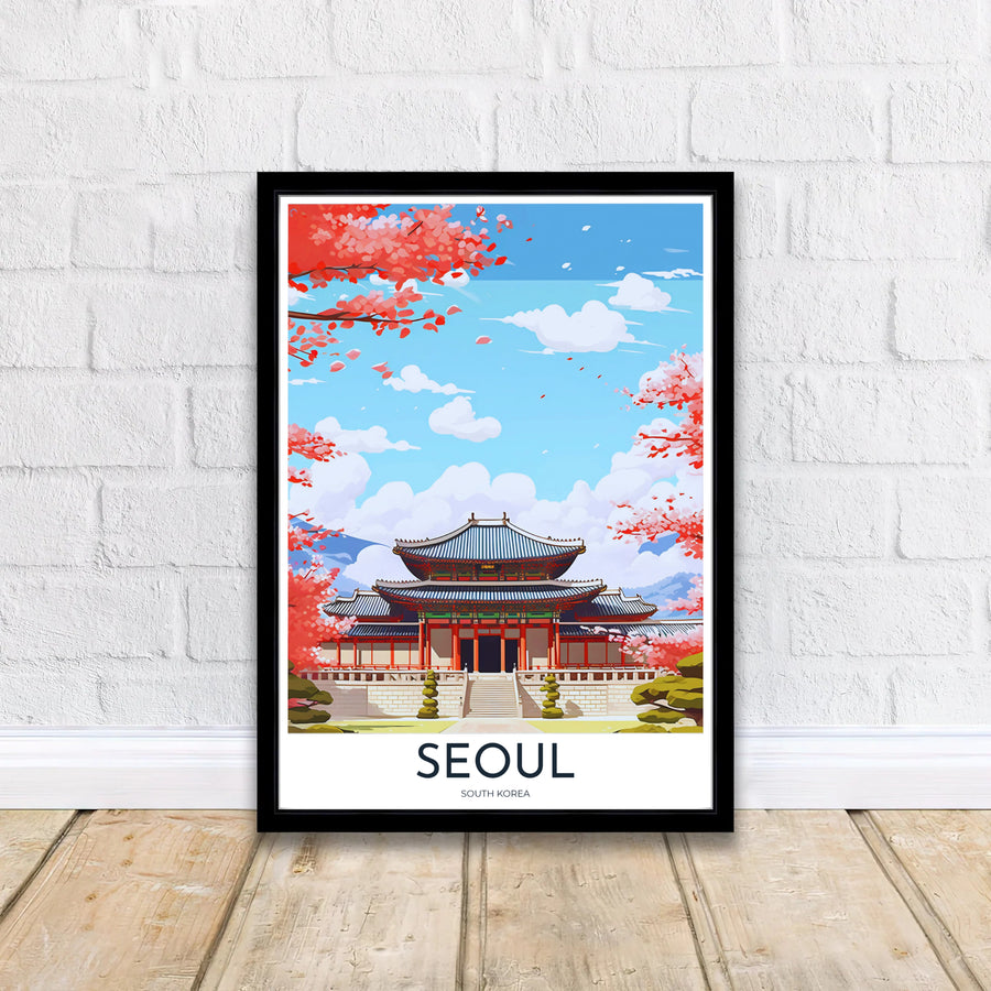 Retro-inspired travel poster of Gyeongbokgung Palace in Seoul, South Korea, presenting a grand front perspective of Geunjeongjeon Hall under a canopy of vibrant spring cherry blossoms. Offered by MapYourDreams, this artwork is available in flexible options including unframed paper, custom wooden frames, and gallery canvas wraps.