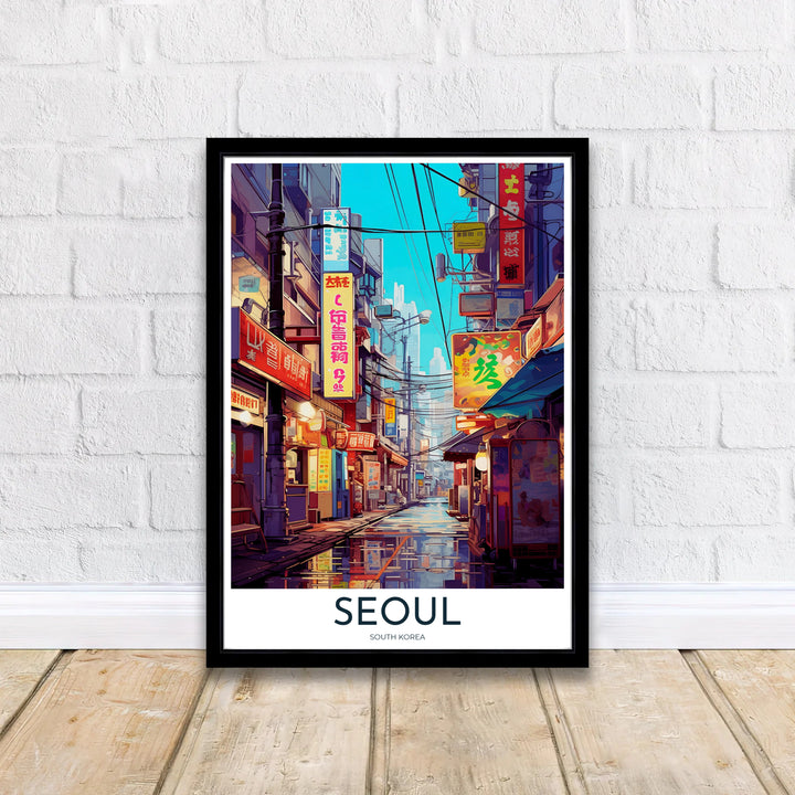 Retro-style anime travel poster of a bustling street corner in Seoul, South Korea, presenting a dramatic low-angle perspective looking down a narrow neon-lit alley toward distant high-rise towers. Offered by MapYourDreams, this artwork is available in flexible options including unframed paper, custom wooden frames, and gallery canvas wraps.