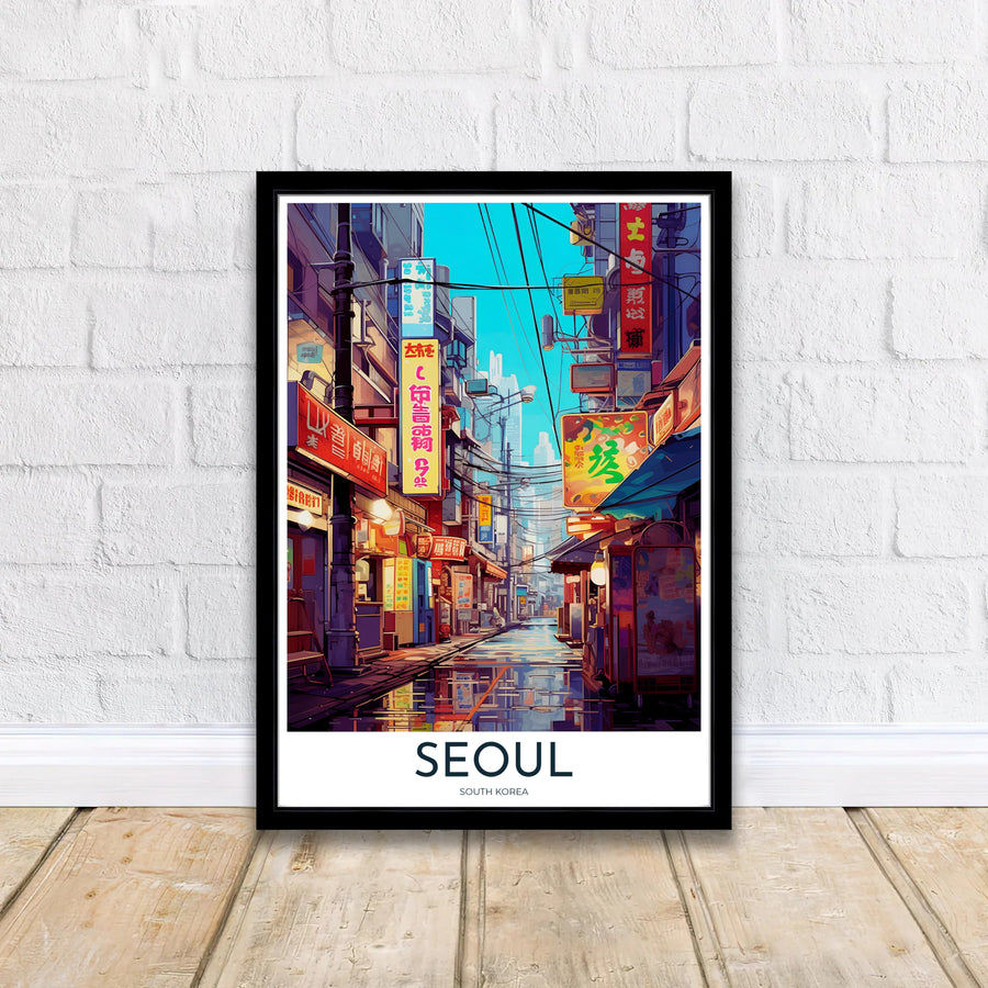 Retro-style anime travel poster of a bustling street corner in Seoul, South Korea, presenting a dramatic low-angle perspective looking down a narrow neon-lit alley toward distant high-rise towers. Offered by MapYourDreams, this artwork is available in flexible options including unframed paper, custom wooden frames, and gallery canvas wraps.