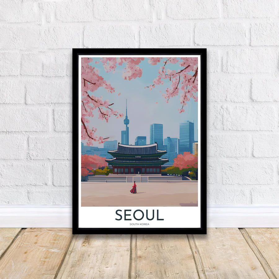 Retro-inspired travel print of Seoul, South Korea, presenting a wide perspective over Gyeongbokgung Palace grounds toward N Seoul Tower and surrounding city skyscrapers framed in spring blooms. Offered by MapYourDreams, this artwork is available in flexible options including unframed paper, custom wooden frames, and gallery canvas wraps.