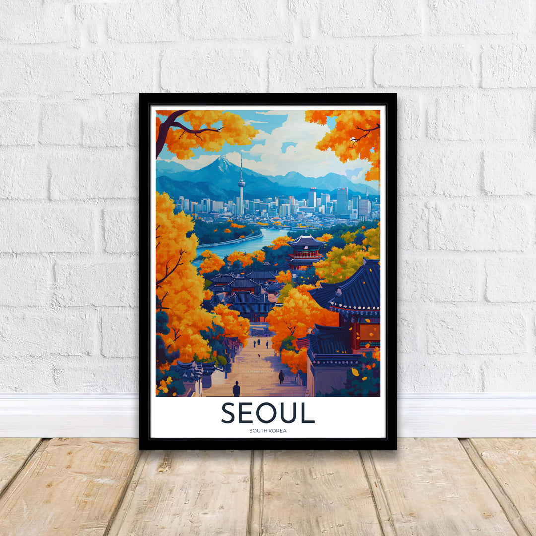 Retro-style travel poster of Seoul, South Korea, presenting a dramatic vertical view down a stone village alley toward N Seoul Tower and surrounding mountains amidst rich autumn foliage. Offered by MapYourDreams, this artwork is available in flexible options including unframed paper, custom wooden frames, and gallery canvas wraps.