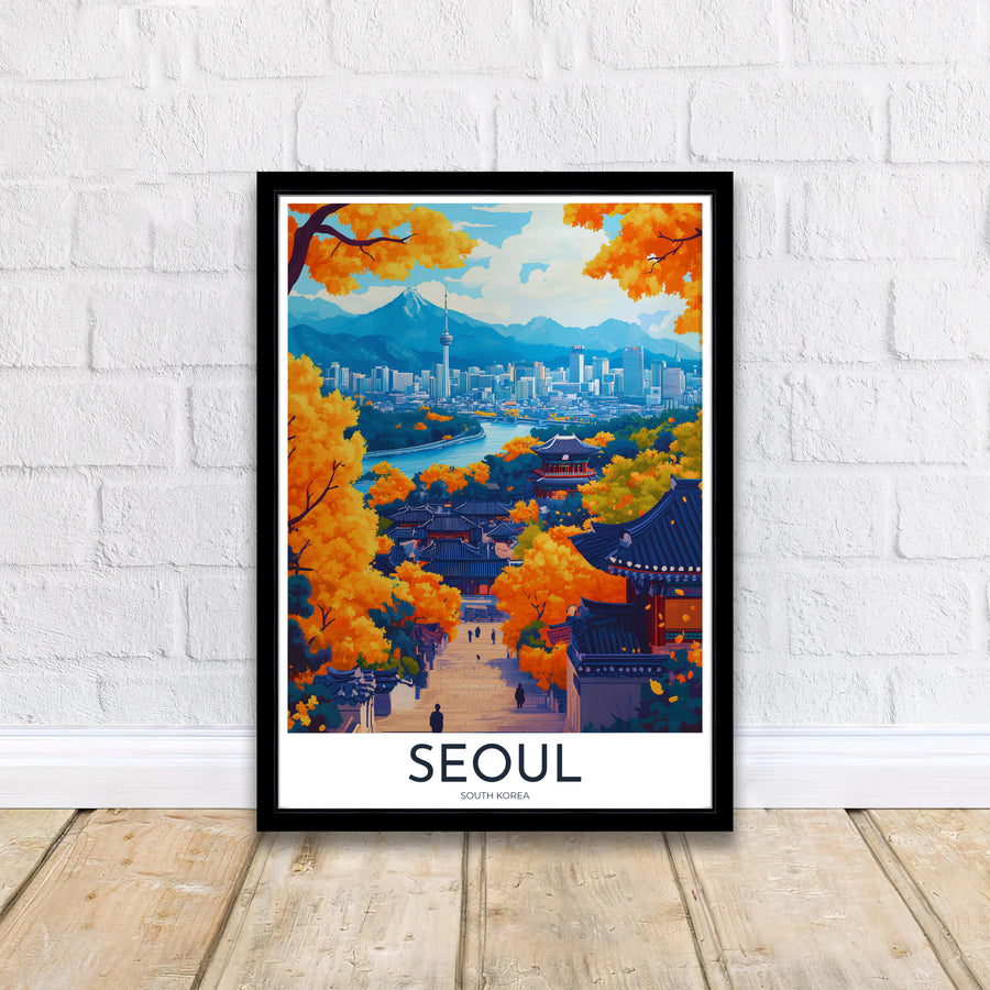 Retro-style travel poster of Seoul, South Korea, presenting a dramatic vertical view down a stone village alley toward N Seoul Tower and surrounding mountains amidst rich autumn foliage. Offered by MapYourDreams, this artwork is available in flexible options including unframed paper, custom wooden frames, and gallery canvas wraps.