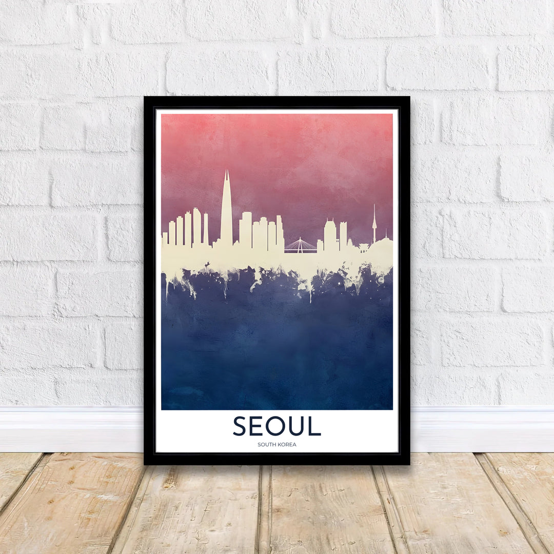Artistic city outline print capturing the grand Lotte World Tower and N Seoul Tower silhouettes in South Korea against a dual-tone sunset and twilight sky. Offered by MapYourDreams, this artwork is available in flexible options including unframed paper, custom wooden frames, and gallery canvas wraps.