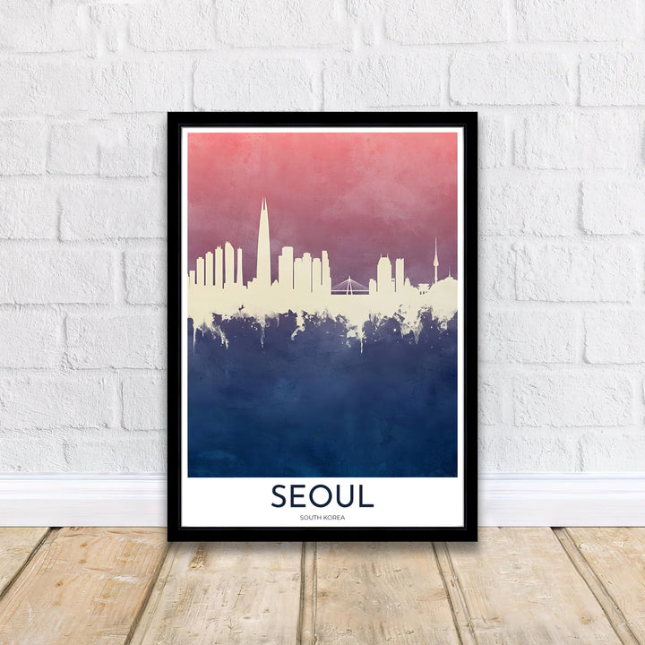 Artistic city outline print capturing the grand Lotte World Tower and N Seoul Tower silhouettes in South Korea against a dual-tone sunset and twilight sky. Offered by MapYourDreams, this artwork is available in flexible options including unframed paper, custom wooden frames, and gallery canvas wraps.