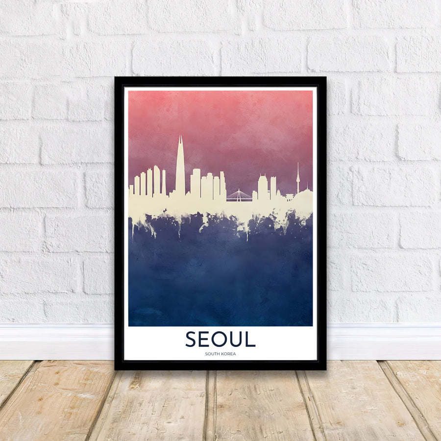 Artistic city outline print capturing the grand Lotte World Tower and N Seoul Tower silhouettes in South Korea against a dual-tone sunset and twilight sky. Offered by MapYourDreams, this artwork is available in flexible options including unframed paper, custom wooden frames, and gallery canvas wraps.