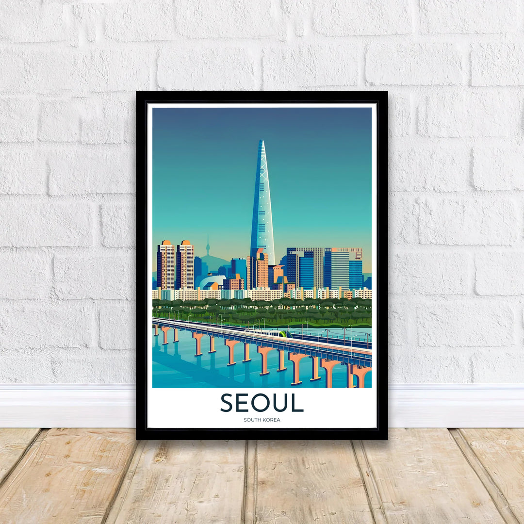 Elegant travel wall art displaying the train crossing the Han River bridge in Seoul, produced by MapYourDreams with varied display options like archival prints, wooden frames, and wrapped canvas.