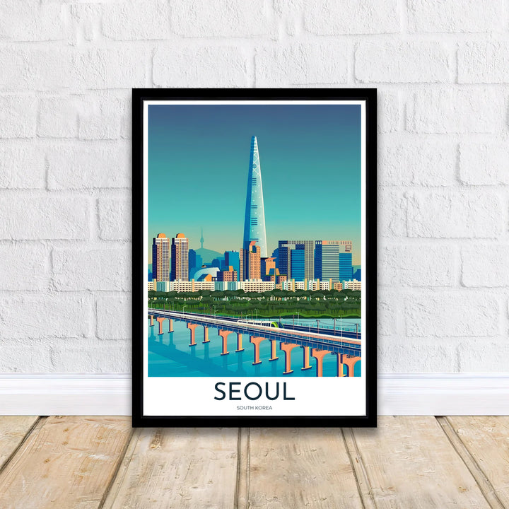 Elegant travel wall art displaying the train crossing the Han River bridge in Seoul, produced by MapYourDreams with varied display options like archival prints, wooden frames, and wrapped canvas.