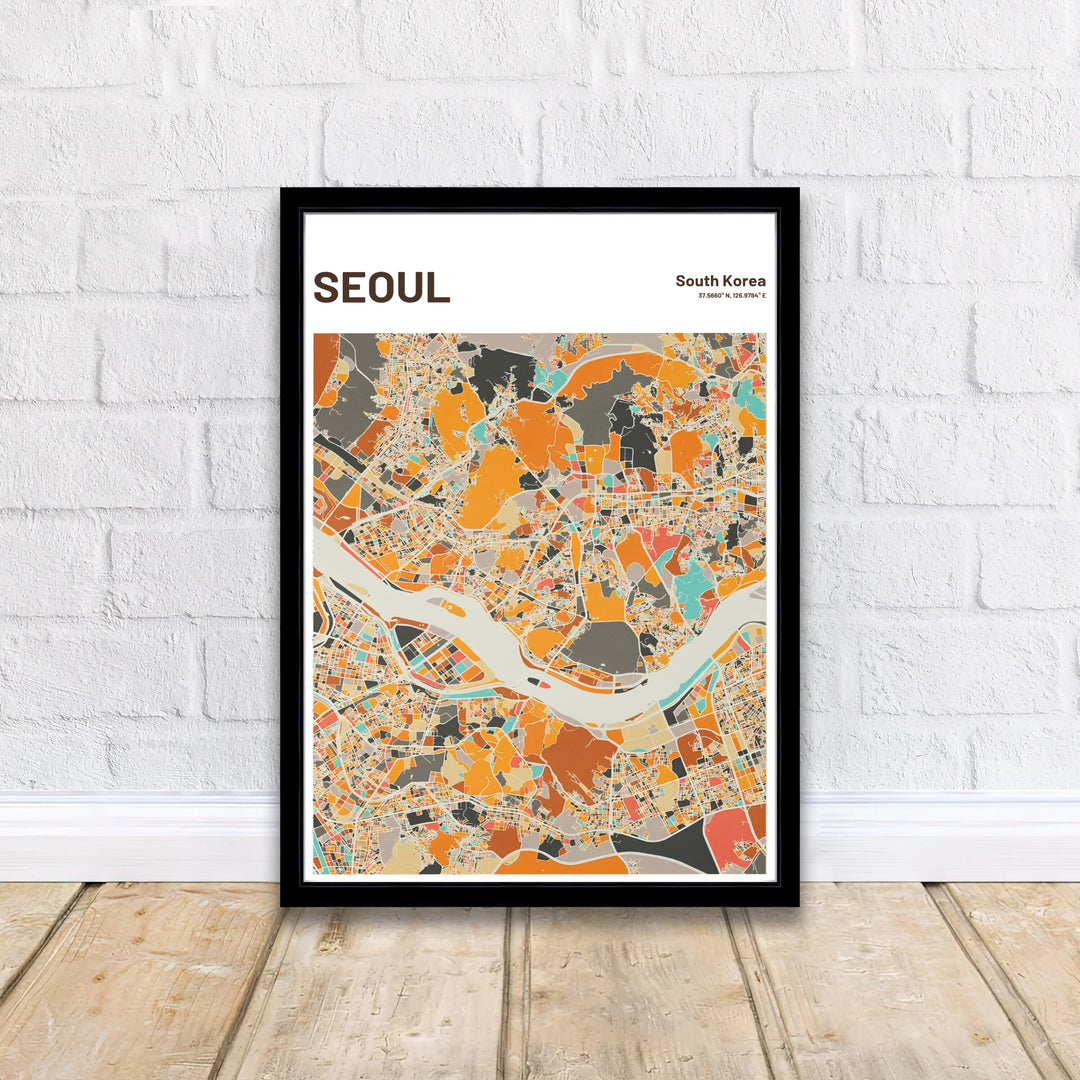 Terracotta and teal warm map art print detailing the Han River serpentine path in Seoul, South Korea, designed by MapYourDreams in customizable choices including unframed archival paper, metallic gold frames, and canvas wraps that suit modern boho and neutral decor themes.