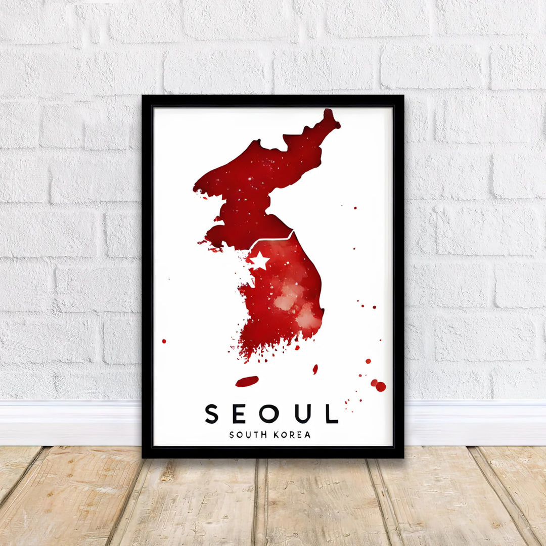 Artistic red watercolor peninsula map print detailing the geographical location of Seoul, South Korea, designed by MapYourDreams in customizable choices including unframed archival paper, metallic gold frames, and canvas wraps that suit contemporary and minimalist decor themes.