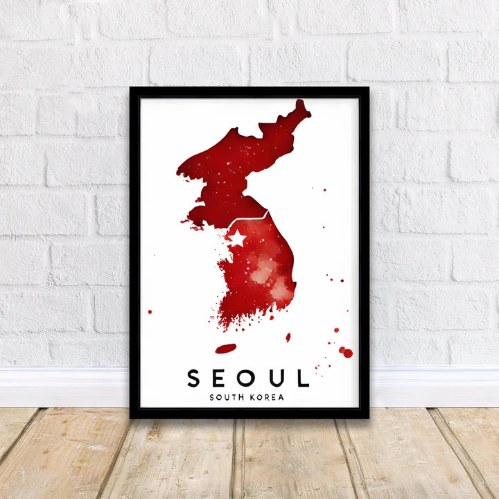 Artistic red watercolor peninsula map print detailing the geographical location of Seoul, South Korea, designed by MapYourDreams in customizable choices including unframed archival paper, metallic gold frames, and canvas wraps that suit contemporary and minimalist decor themes.
