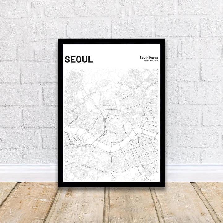 Fine cartographic street layout poster of seoul south korea showing major arterial roads and bridges, available from MapYourDreams with options like unframed paper prints, custom wooden frames, and canvas formats that bring sleek modern geography into any residential or commercial interior.
