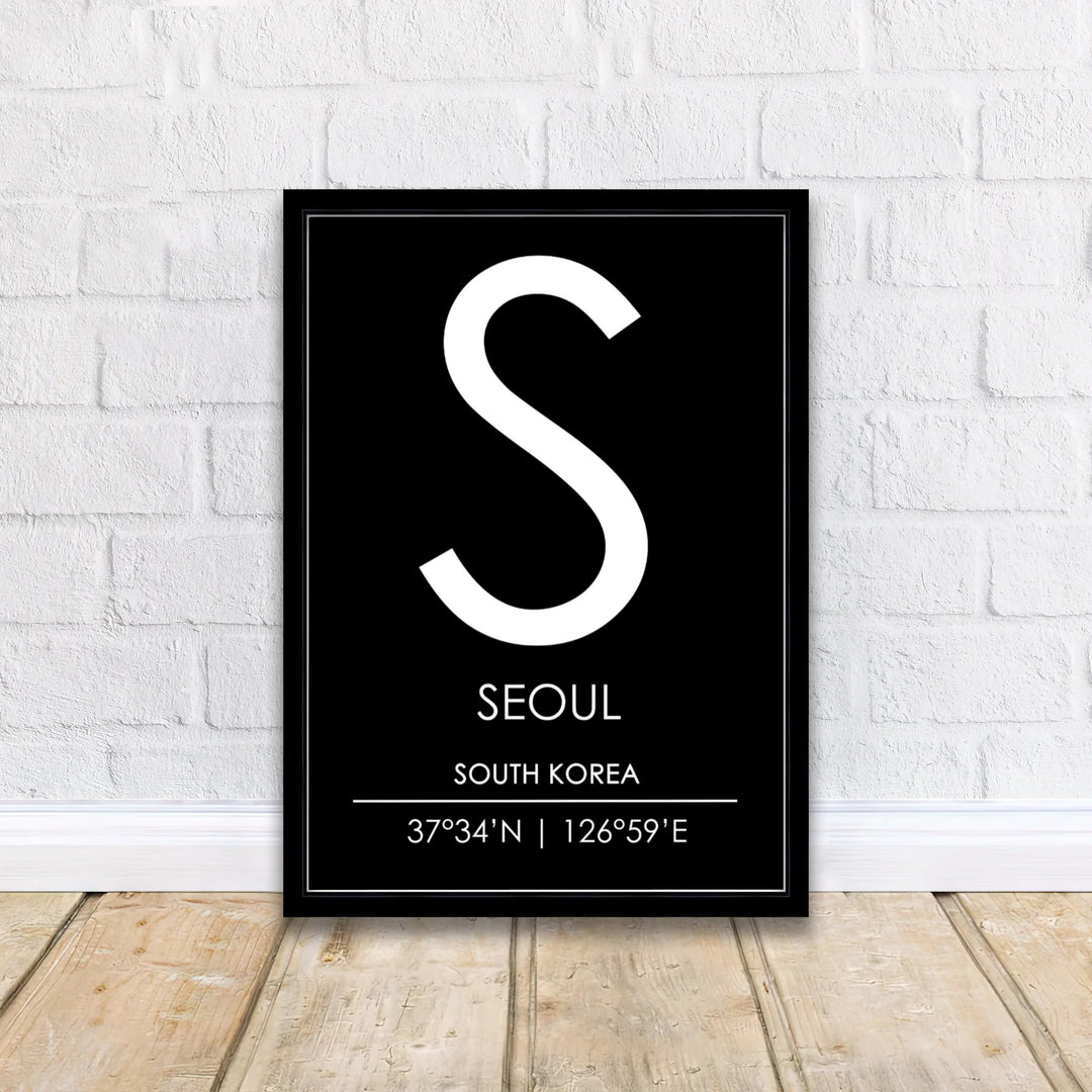 Fine graphic initial letter S poster of seoul south korea showing clean typography and coordinate lines, available from MapYourDreams with options like unframed paper prints, custom wooden frames, and canvas formats that bring sleek modern style into any residential or commercial interior.
