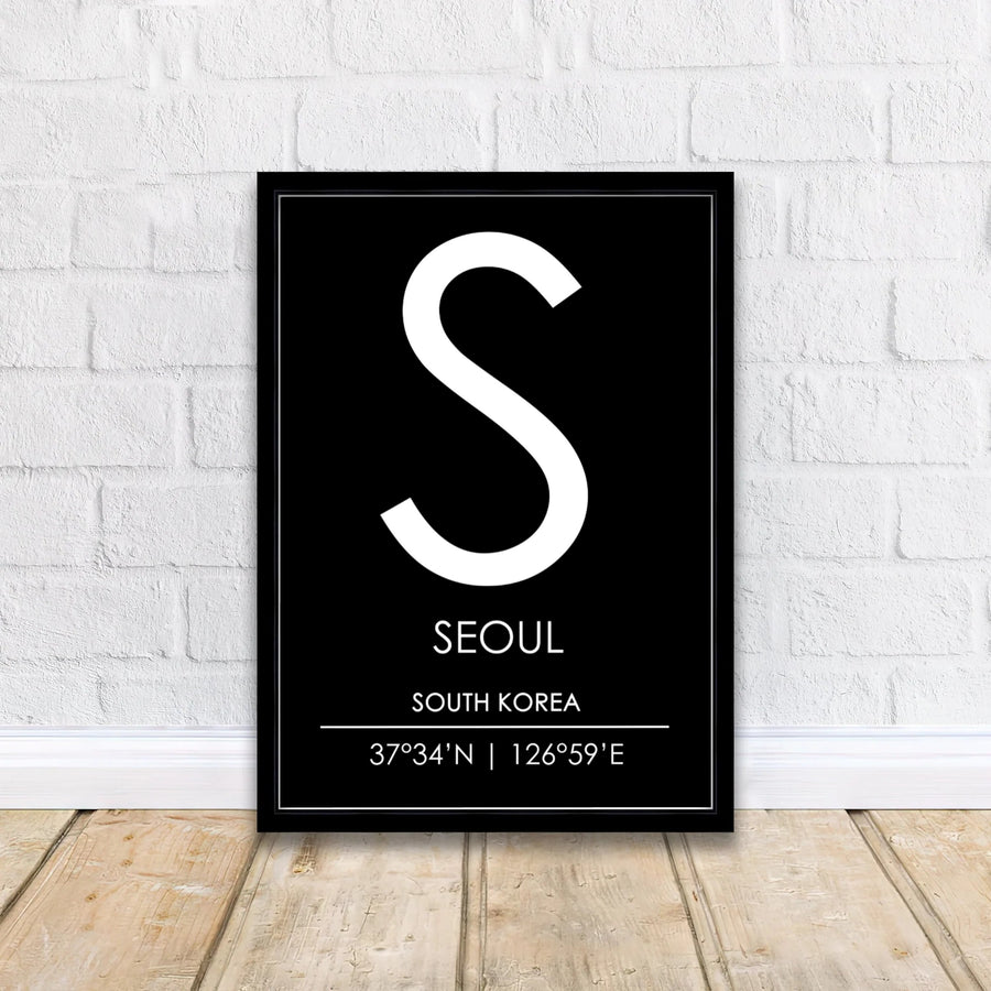 Fine graphic initial letter S poster of seoul south korea showing clean typography and coordinate lines, available from MapYourDreams with options like unframed paper prints, custom wooden frames, and canvas formats that bring sleek modern style into any residential or commercial interior.
