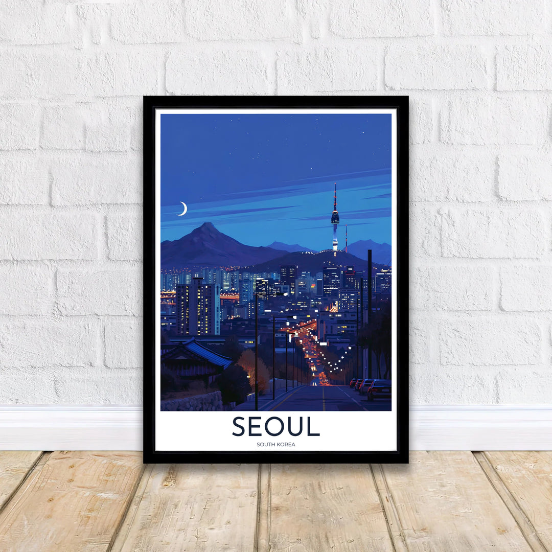 Detailed nocturnal city art print illustrating the glowing urban grid and mountain backdrop of Seoul South Korea, designed by MapYourDreams in customizable choices including unframed archival paper, metallic gold frames, and canvas wraps that effortlessly suit modern decor themes.