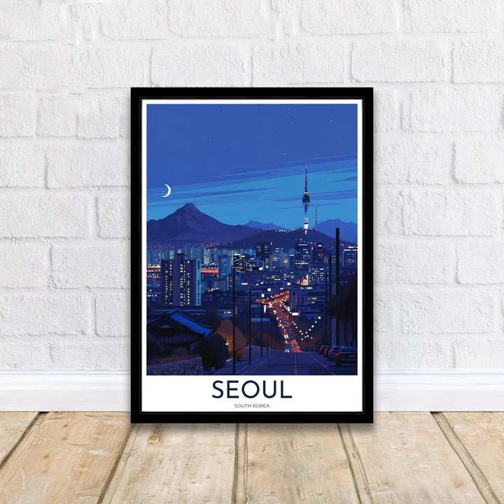 Detailed nocturnal city art print illustrating the glowing urban grid and mountain backdrop of Seoul South Korea, designed by MapYourDreams in customizable choices including unframed archival paper, metallic gold frames, and canvas wraps that effortlessly suit modern decor themes.
