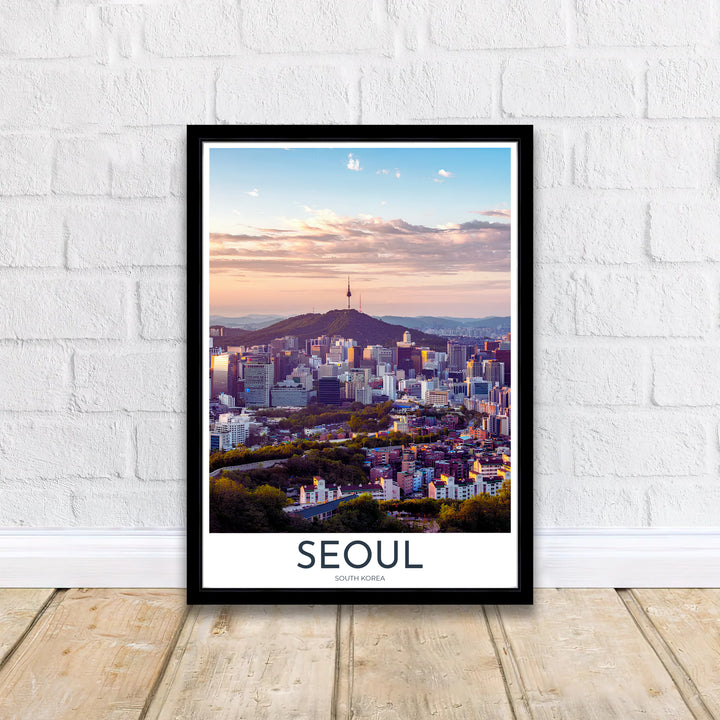 Elevated panorama decor print displaying a peaceful sunset view of Seoul South Korea&